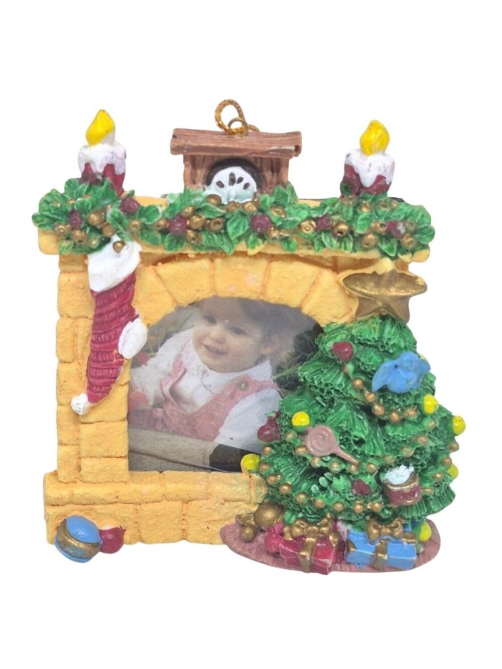 Christmas Fireplace-Themed Picture Frame Ornament With Tree & Stocking Decor 2.5